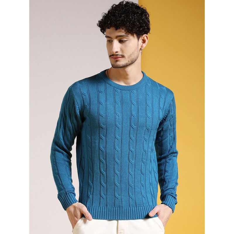 The Indian Garage Co Men Turquoise Regular Fit Self Design Full Sleeves Sweater (M)