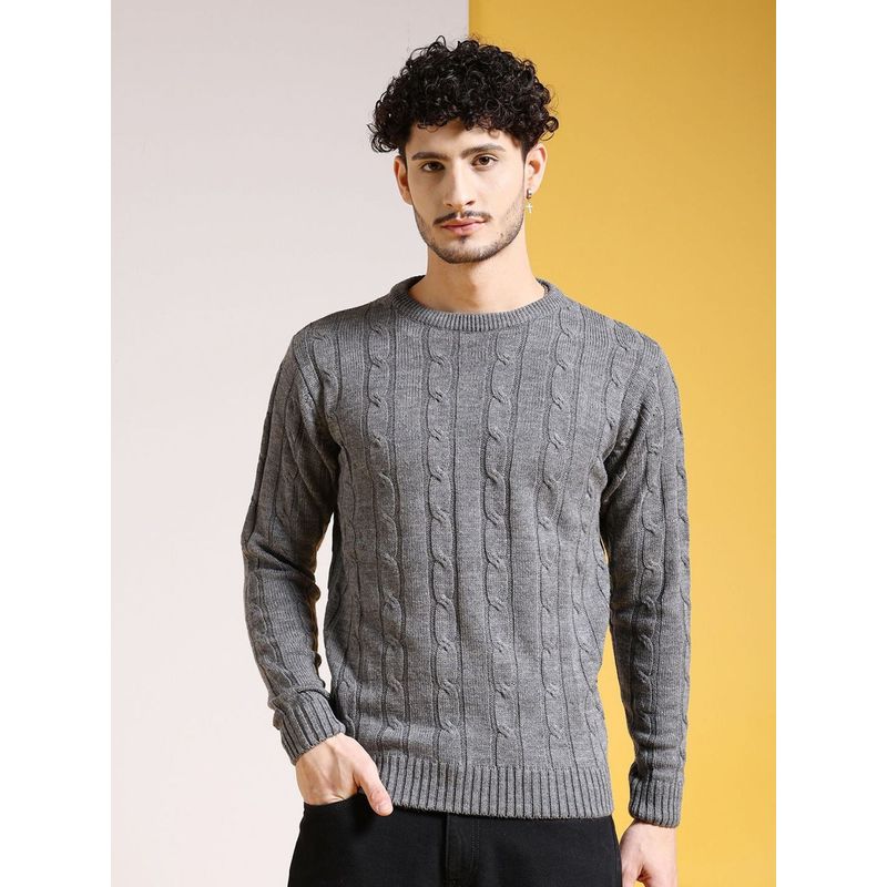 The Indian Garage Co Men Grey Regular Fit Self Design Full Sleeves Sweater (M)