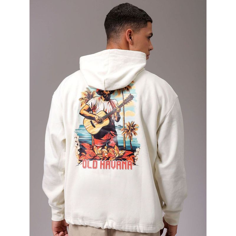 The Indian Garage Co Men Cream Oversized Fit Printed Hooded Full Sleeves Hoodies (L)