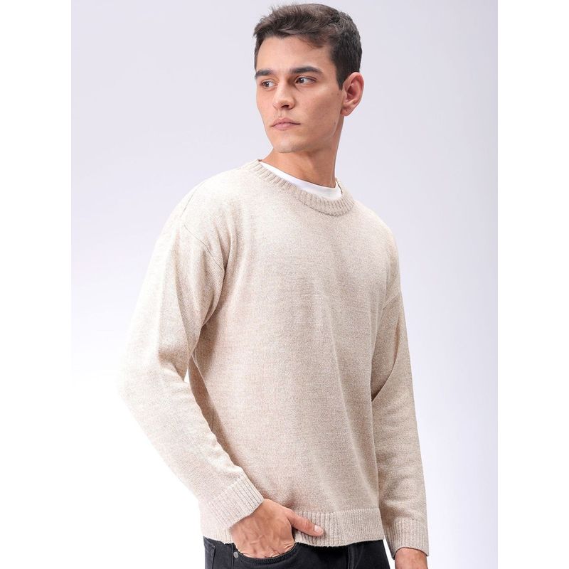 The Indian Garage Co Men Beige Oversized Fit Solid Full Sleeves Sweater (M)