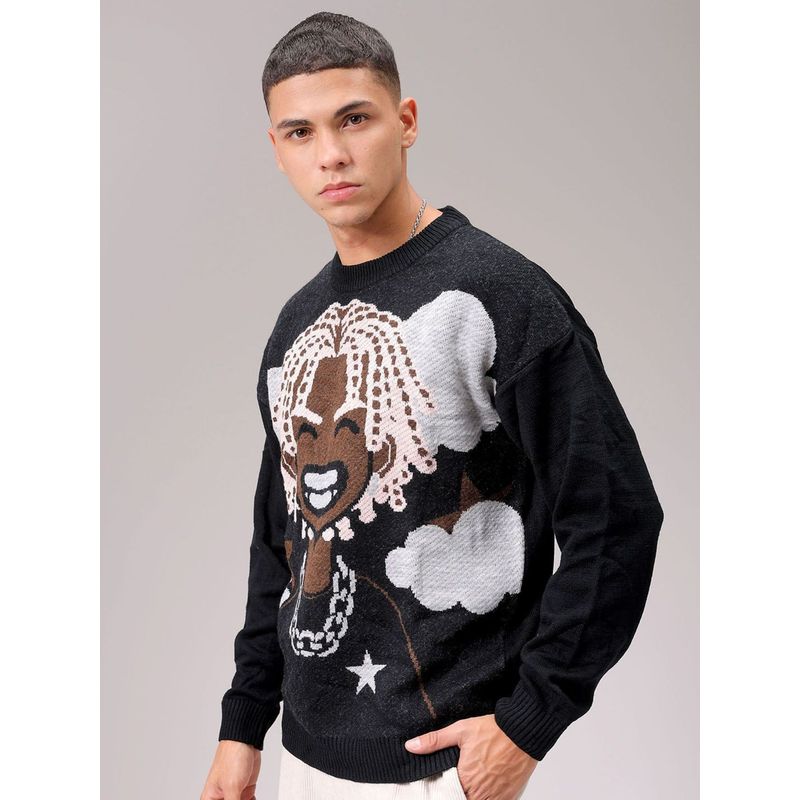 The Indian Garage Co Men Black Oversized Fit Printed Full Sleeves Sweater (M)
