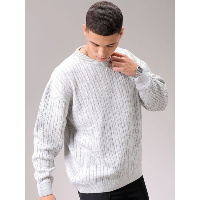 The Indian Garage Co Men Grey Oversized Fit Self Design Full Sleeves Sweater (S)