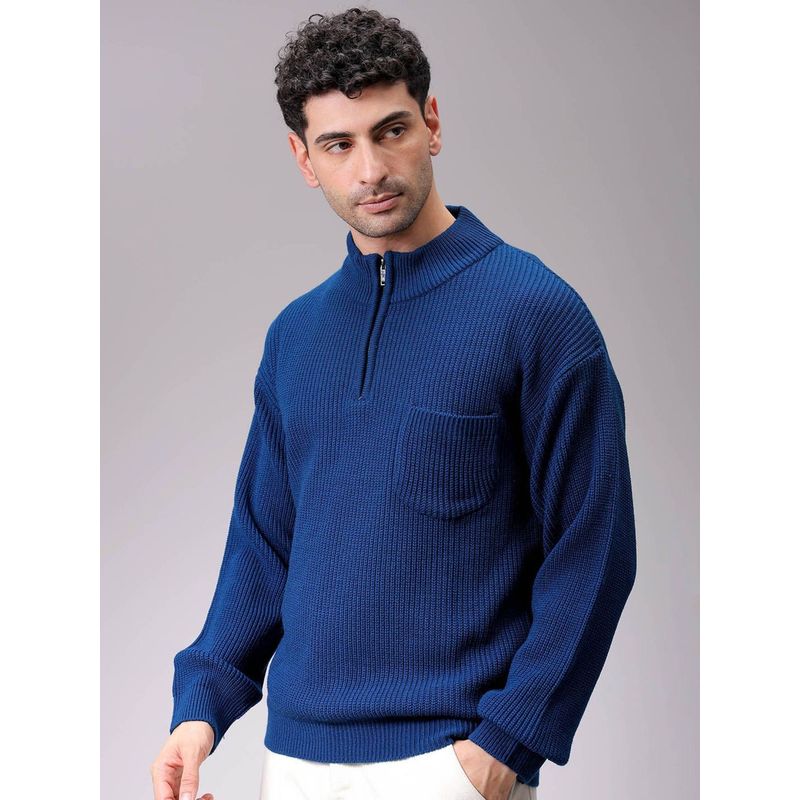 The Indian Garage Co Men Blue Oversized Fit Textured Full Sleeves Sweater (S)