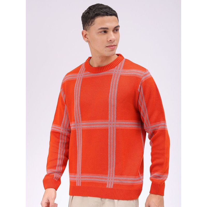 The Indian Garage Co Men Orange Relaxed Fit Checked Full Sleeves Sweater (S)