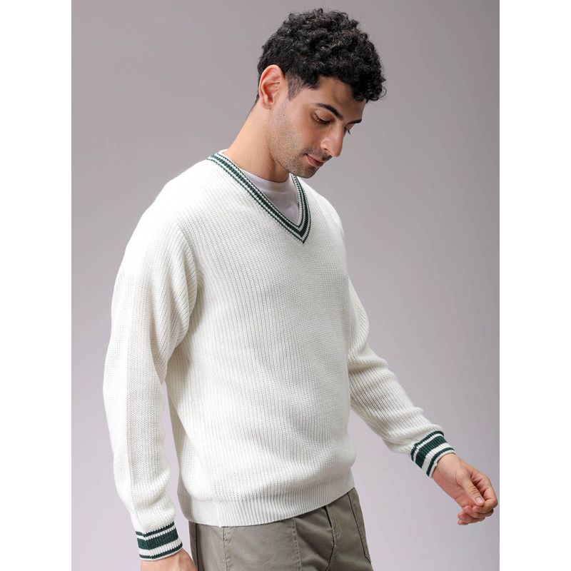 The Indian Garage Co Men White Relaxed Fit Solid V-Neck Full Sleeves Sweater (L)