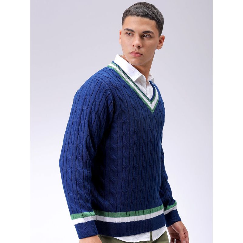 The Indian Garage Co Men Blue Relaxed Fit Textured V-Neck Full Sleeves Sweater (L)