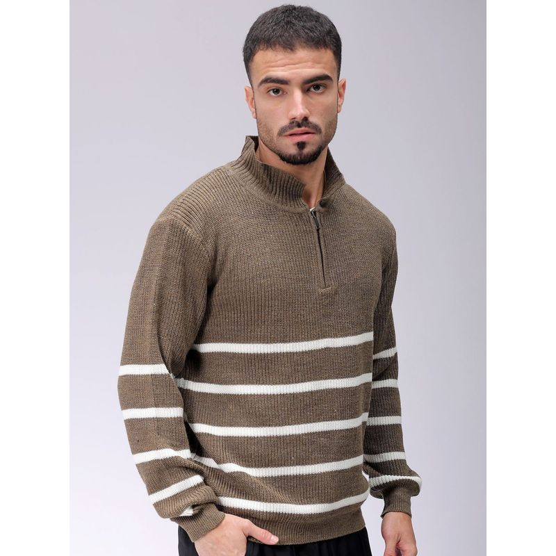 The Indian Garage Co Men Brown Relaxed Fit Striped Full Sleeves Sweater (XL)