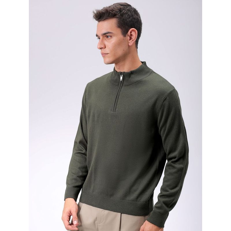 The Indian Garage Co Men Olive Relaxed Fit Solid High Neck Full Sleeves Sweater (M)