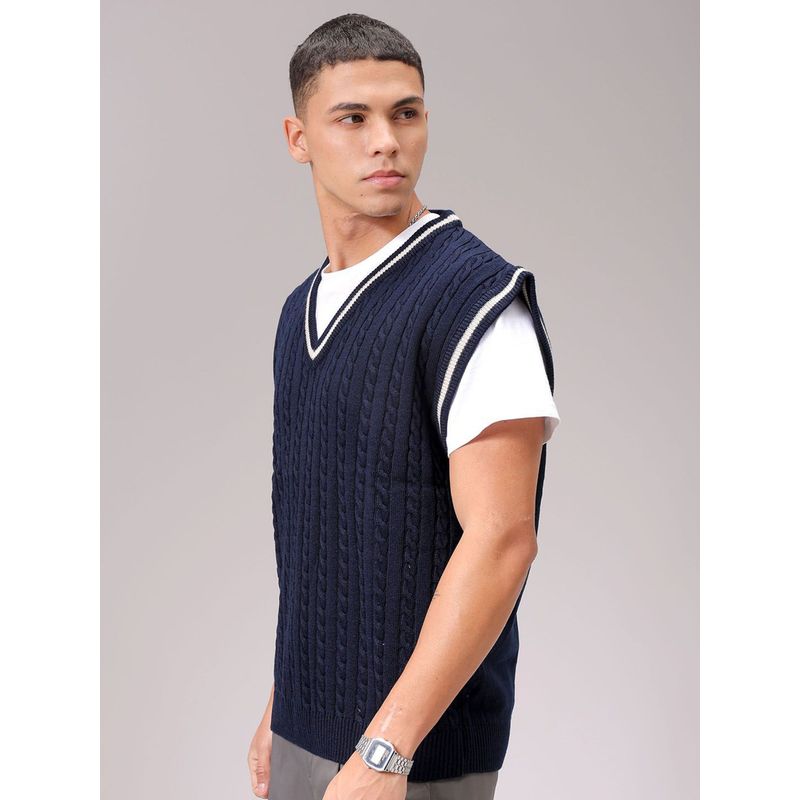 The Indian Garage Co Men Navy Blue Oversized Fit Textured Sleeveless V-Neck Sweater (M)