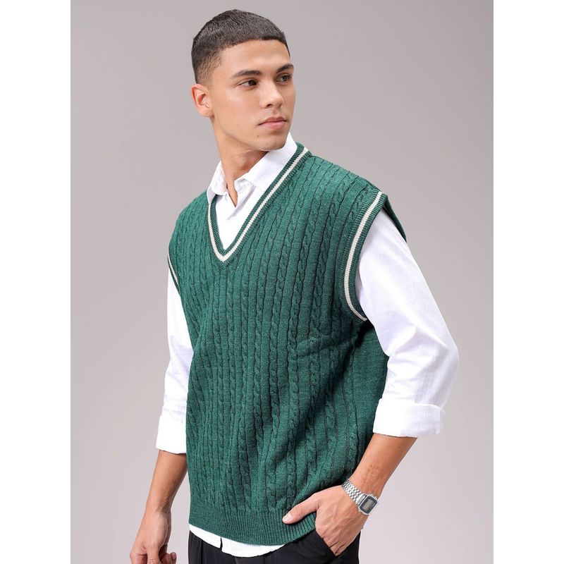 The Indian Garage Co Men Green Oversized Fit Textured Sleeveless V-Neck Sweater (L)