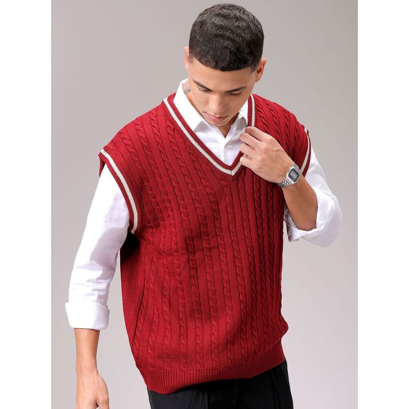 The Indian Garage Co Men Red Oversized Fit Textured Sleeveless V-Neck Sweater (M)