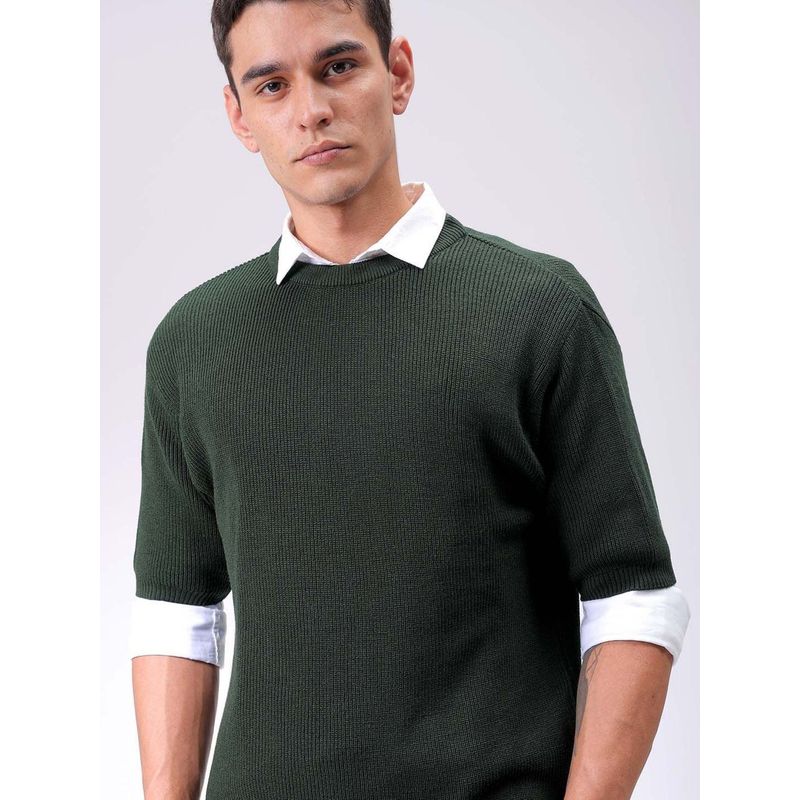 The Indian Garage Co Men Green Relaxed Fit Textured Full Sleeves Sweater (S)
