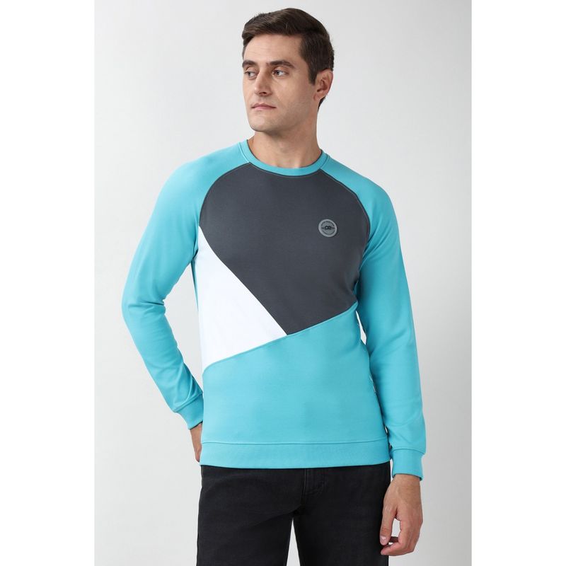 Peter England Men Light Blue Colorblock Round Neck Sweatshirt (S)