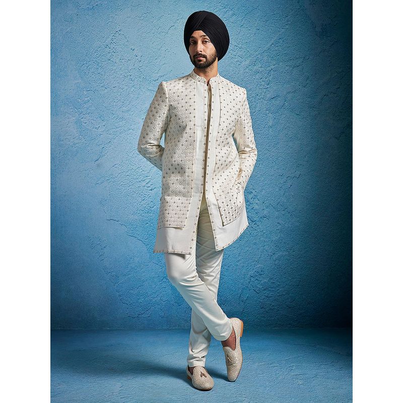 Vastramay Men Silk Blend Embroidered Sequined Indo Western Sherwani with Pyjama (Set of 2) (XL)