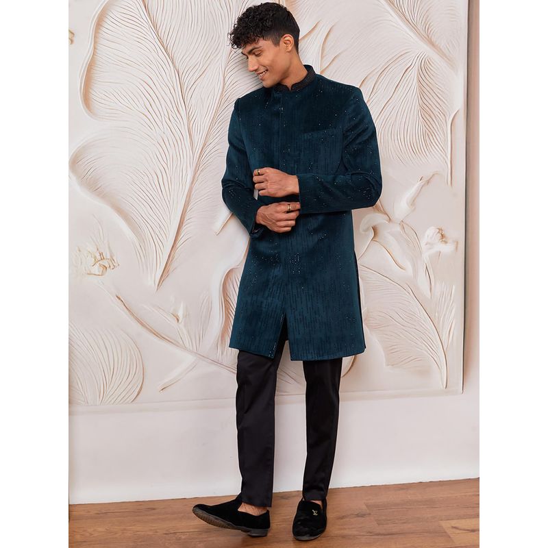 Vastramay Men's Velvet Embroidered Sequined Indo Western Sherwani and Pant (Set of 2) (M)