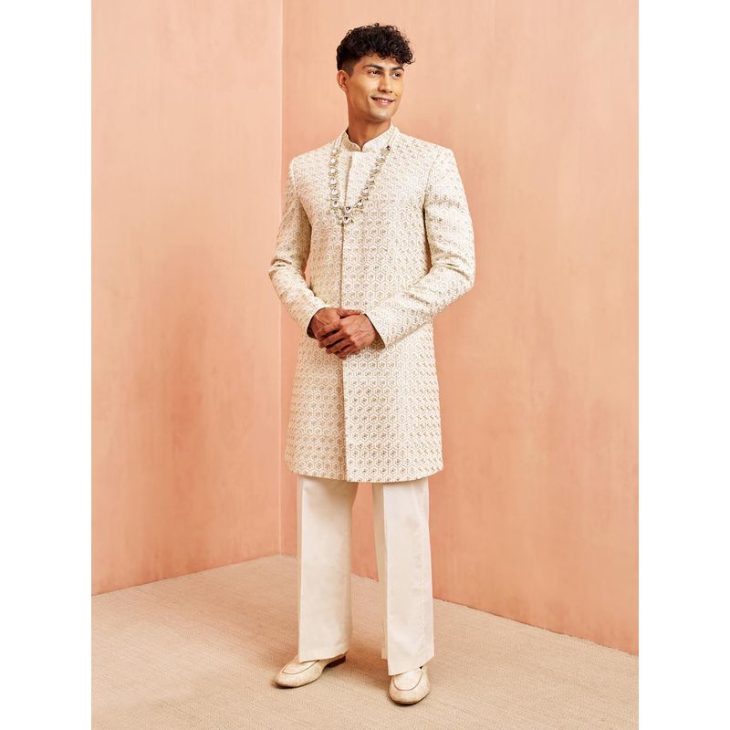 Vastramay Men Off White Embroidered Sherwani with Cream Wide Leg Pant (L)