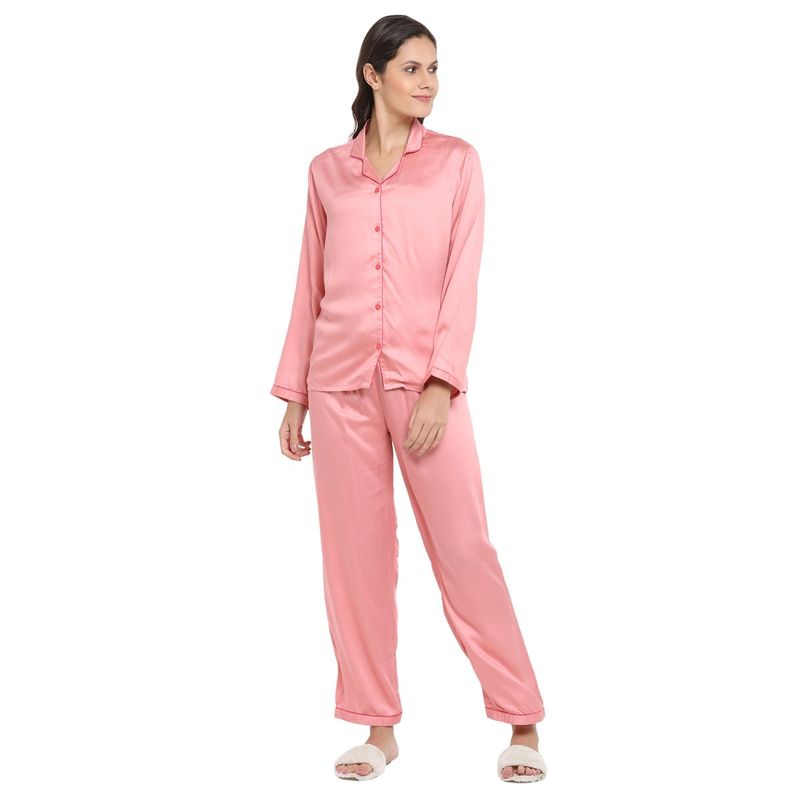 Shopbloom Ultra Soft Modal Satin Long Sleeve Women's Night Suit| Lounge Wear - Pink (L)