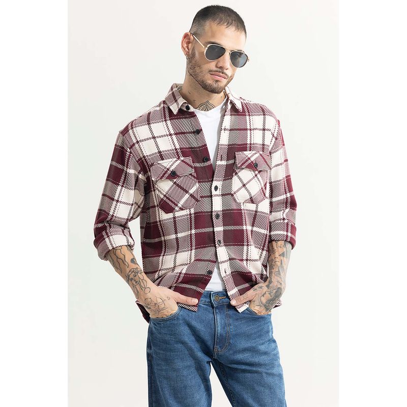 Snitch Men Maroon Checks Casual Shirt (S)