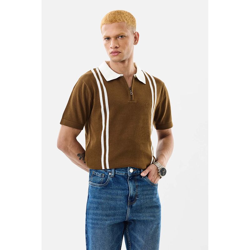 Snitch Men Brown Stripes Polo T-Shirt (XL)