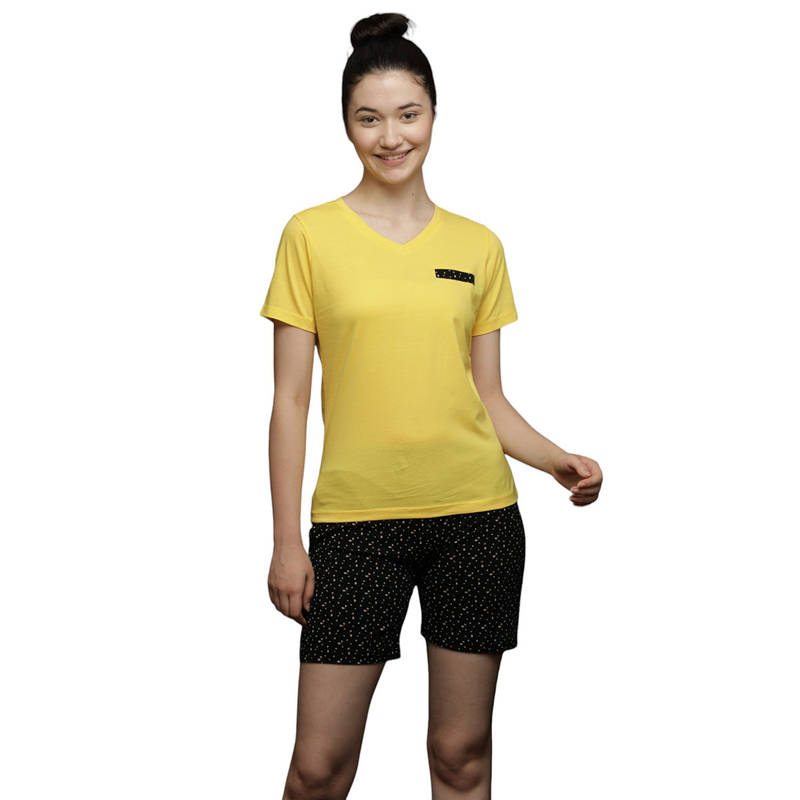 VIEVIANA Women Printed T-Shirt & Shorts Yellow (Set of 2) (2XL)