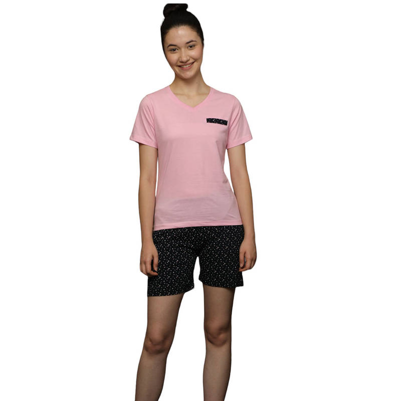 VIEVIANA Women Printed T-Shirt & Shorts Pink (Set of 2) (L)