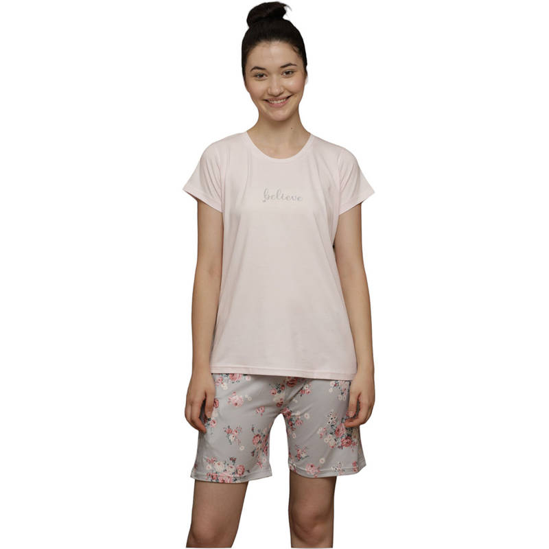 VIEVIANA Women Cotton Printed T-shirt & Shorts Pink (Set of 2) (2XL)