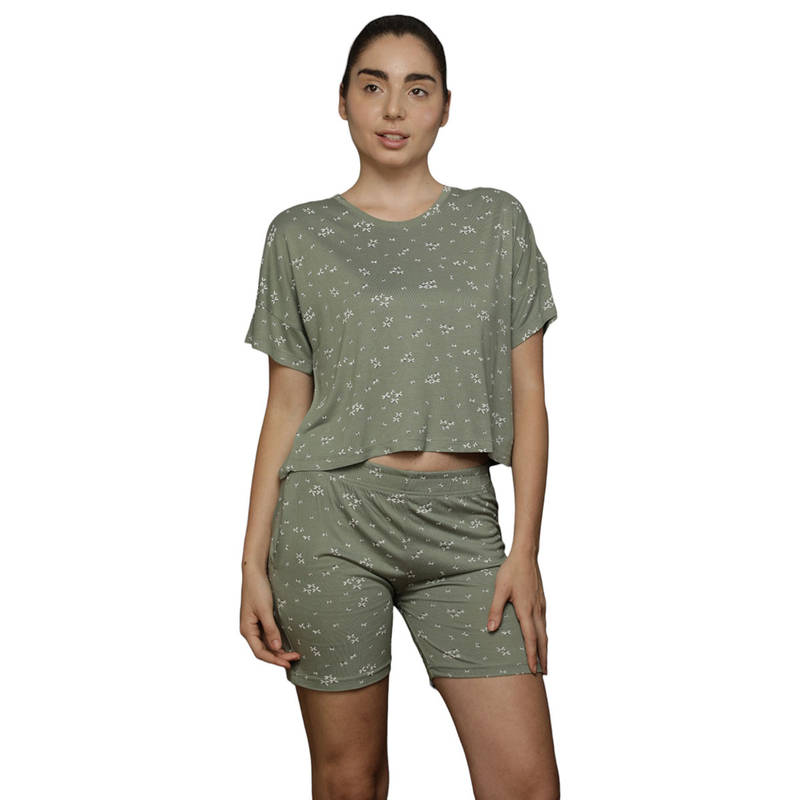 VIEVIANA Green Floral Printed Cotton T-shirt & Shorts for Women (Set of 2) (L)