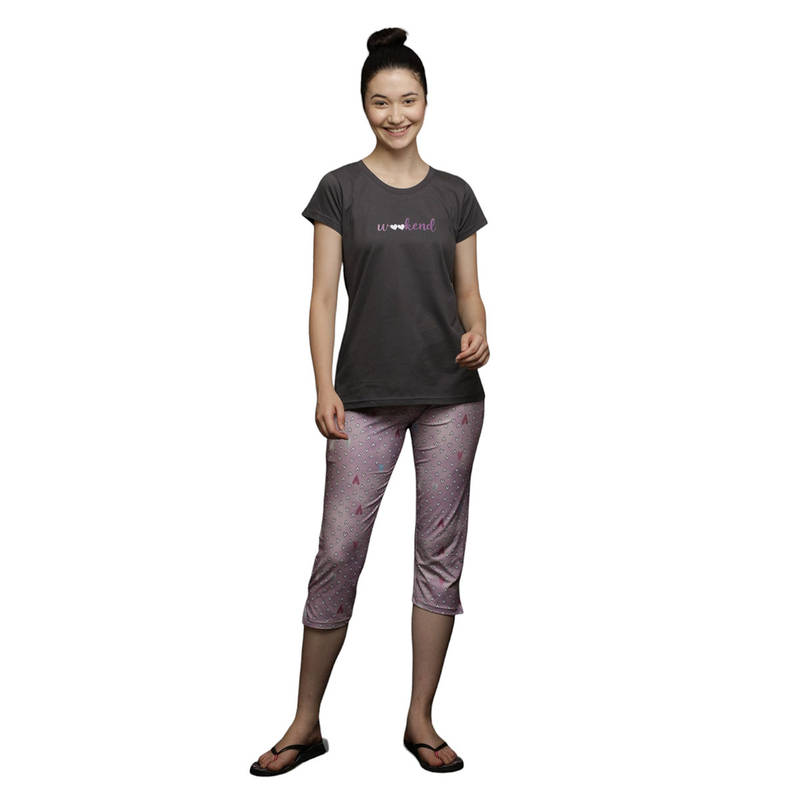 VIEVIANA Women Cotton Heart Printed Night Suit Grey (Set of 2) (L)