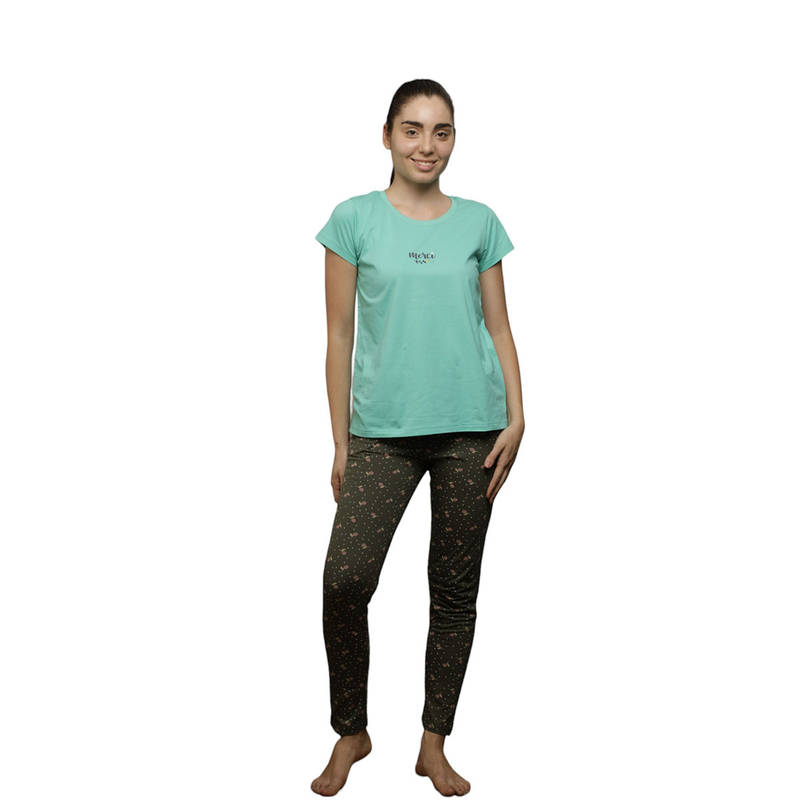 VIEVIANA Women Cotton Floral Printed Night Suit Turquoise (Set of 2) (L)