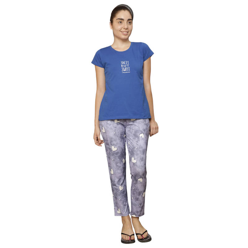 VIEVIANA Women Cotton Heart Printed Night Suit Blue (Set of 2) (L)