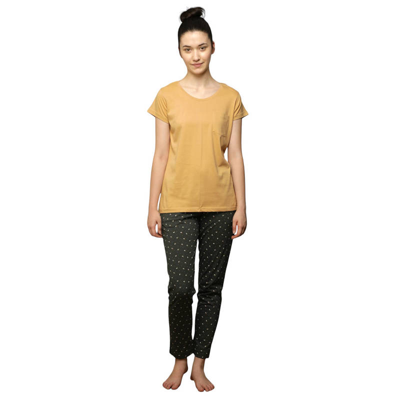VIEVIANA Women Cotton Round Neck Short Sleeves Night Suit Yellow (Set of 2) (L)