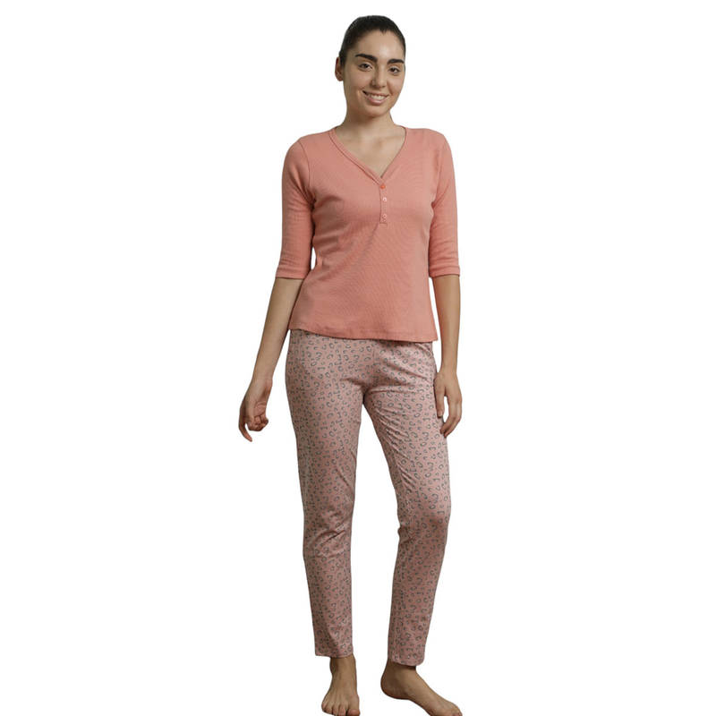 VIEVIANA Women Cotton V-Neck Short Sleeves Night Suit Peach (Set of 2) (2XL)