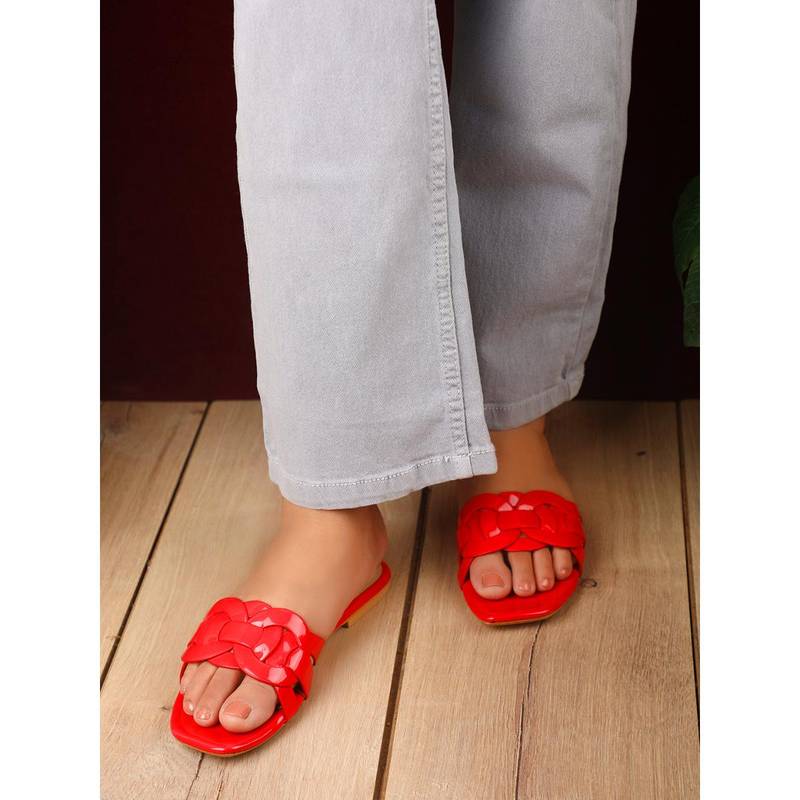 ELLE Women Red Braided Strap Square-Toe Flats (EURO 36)