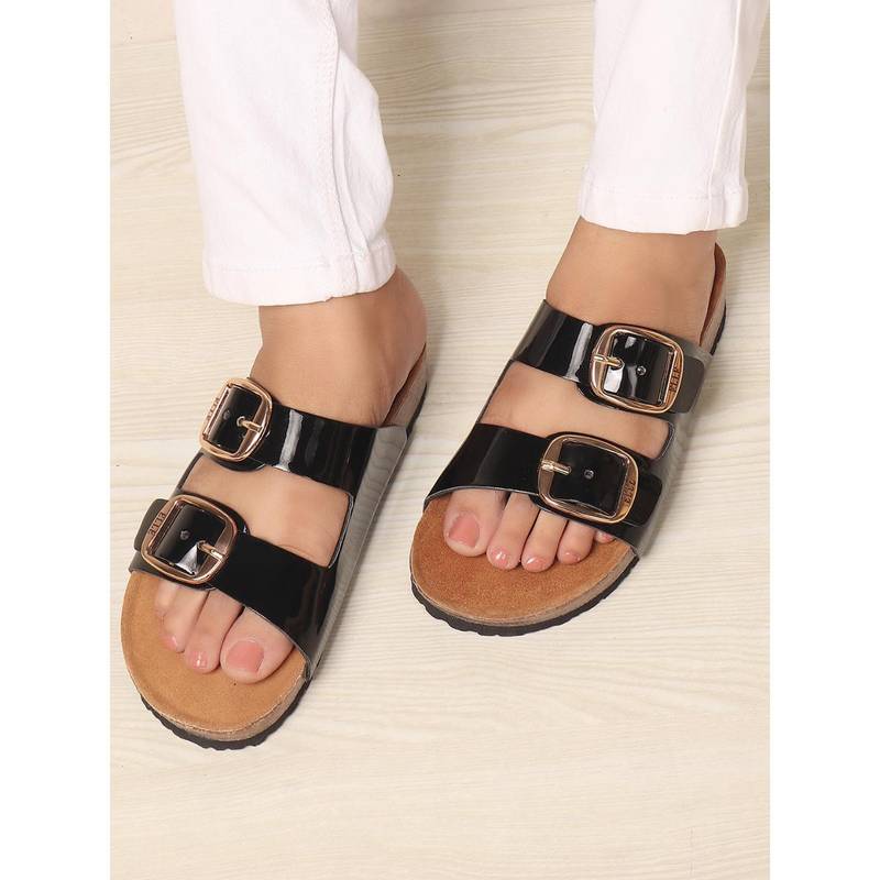 ELLE Women Black Classic Buckle Slide Sandals (EURO 36)
