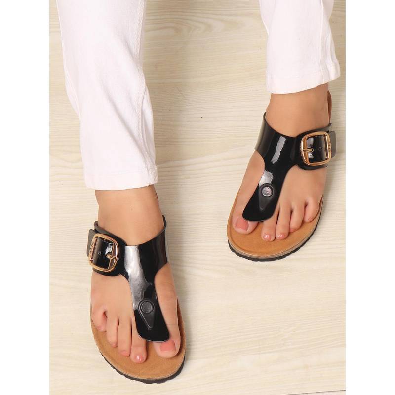 ELLE Women Black Elegant Buckle T-Strap Flat (EURO 37)