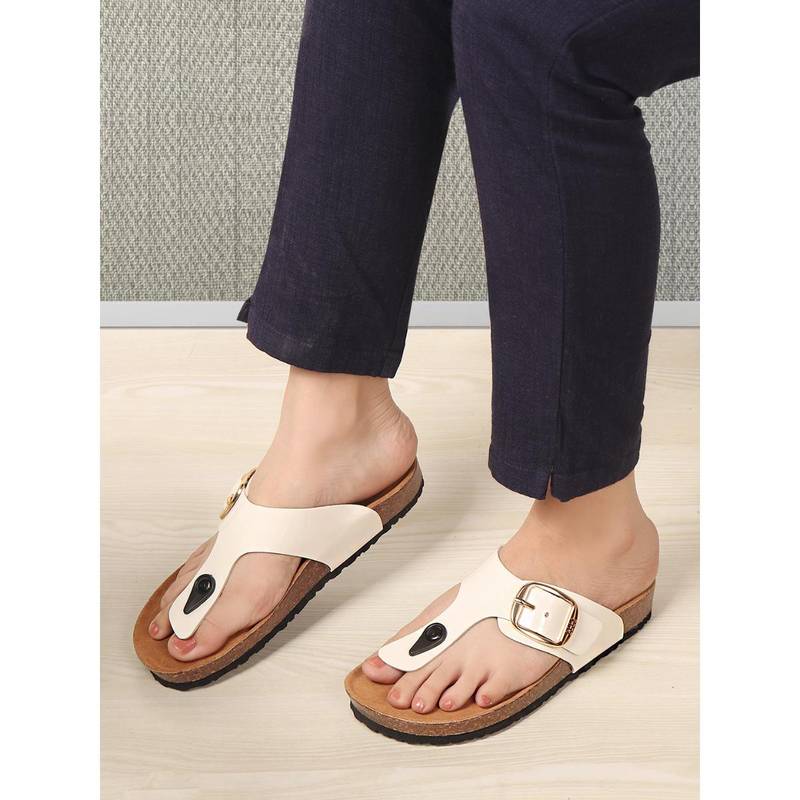 ELLE Women White Elegant Buckle T-Strap Flat (EURO 37)