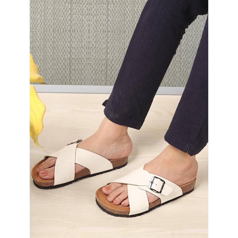 ELLE Women White Crossover Comfort Slide Sandals (EURO 36)