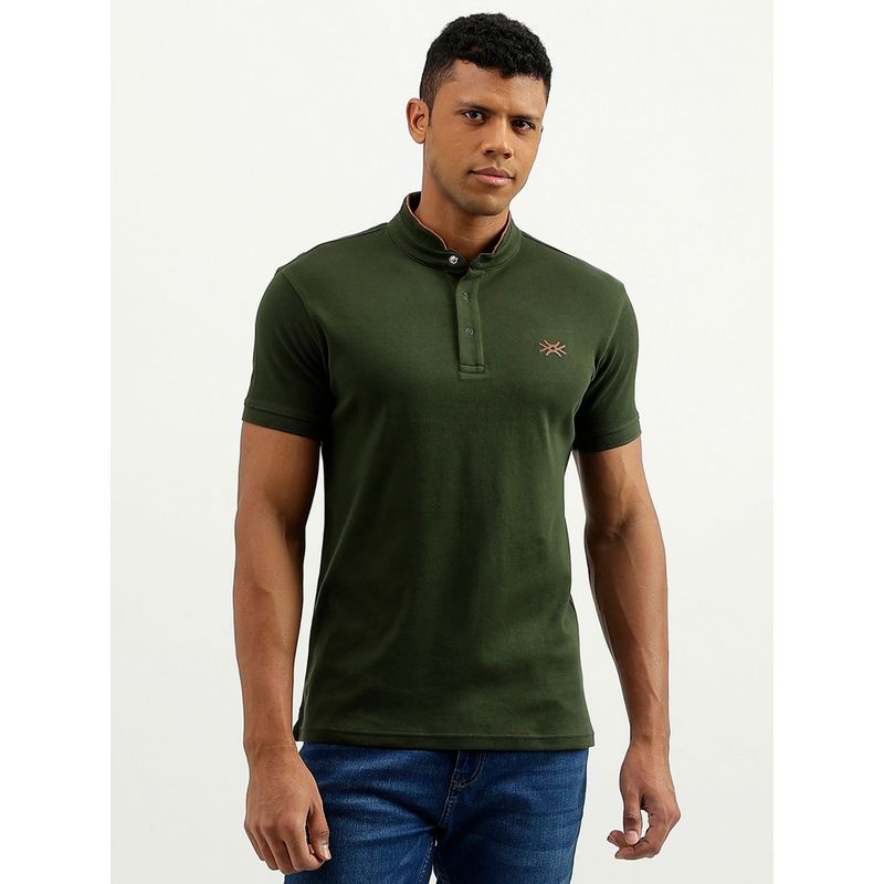 United Colors Of Benetton Green Regular Fit Mandarin Neck Solid T-Shirt (2XL)
