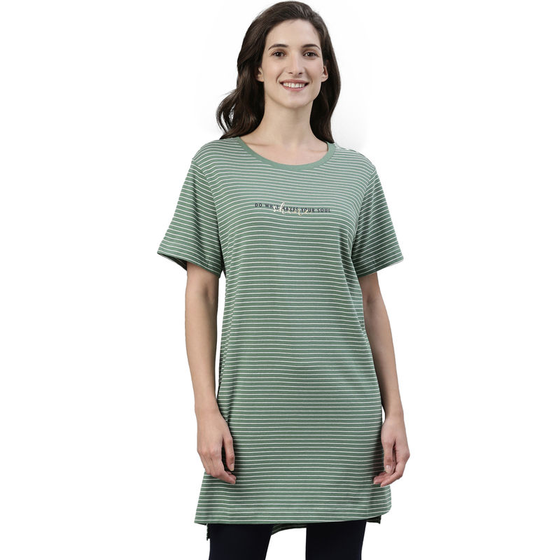 Enamor Essentials Womens Ea61-Short Sleeve Crew Neck Striped Tunic Tee With Side Slit - Green (L)
