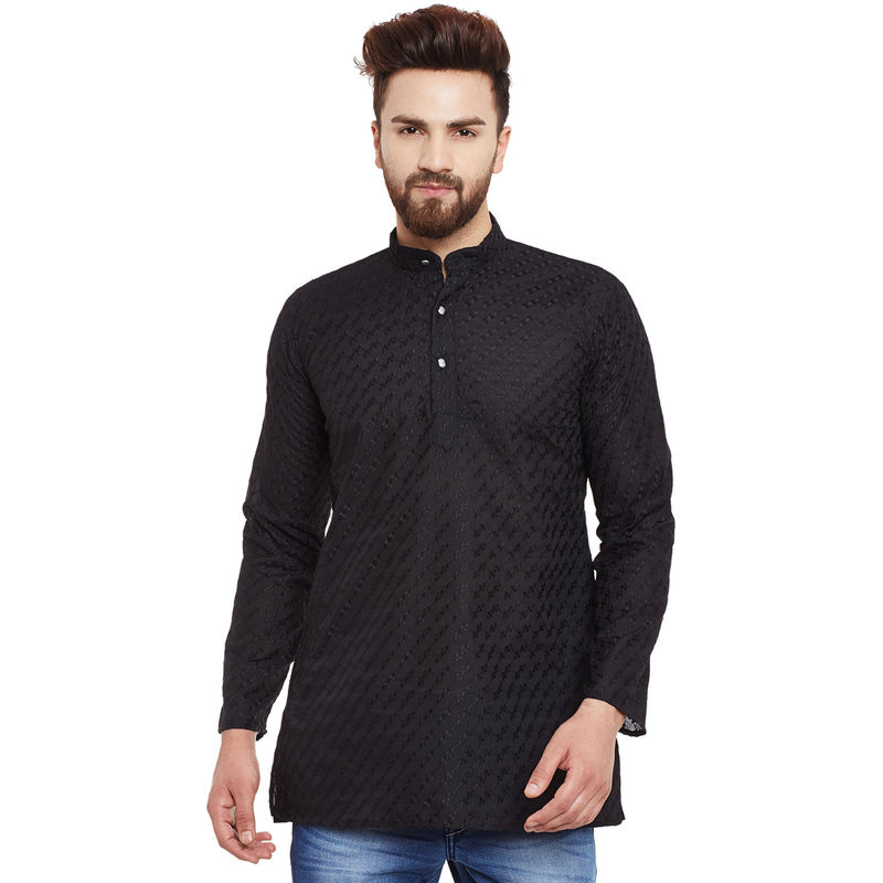 SOJANYA Black Men Cotton Chikan Short Kurta (M)