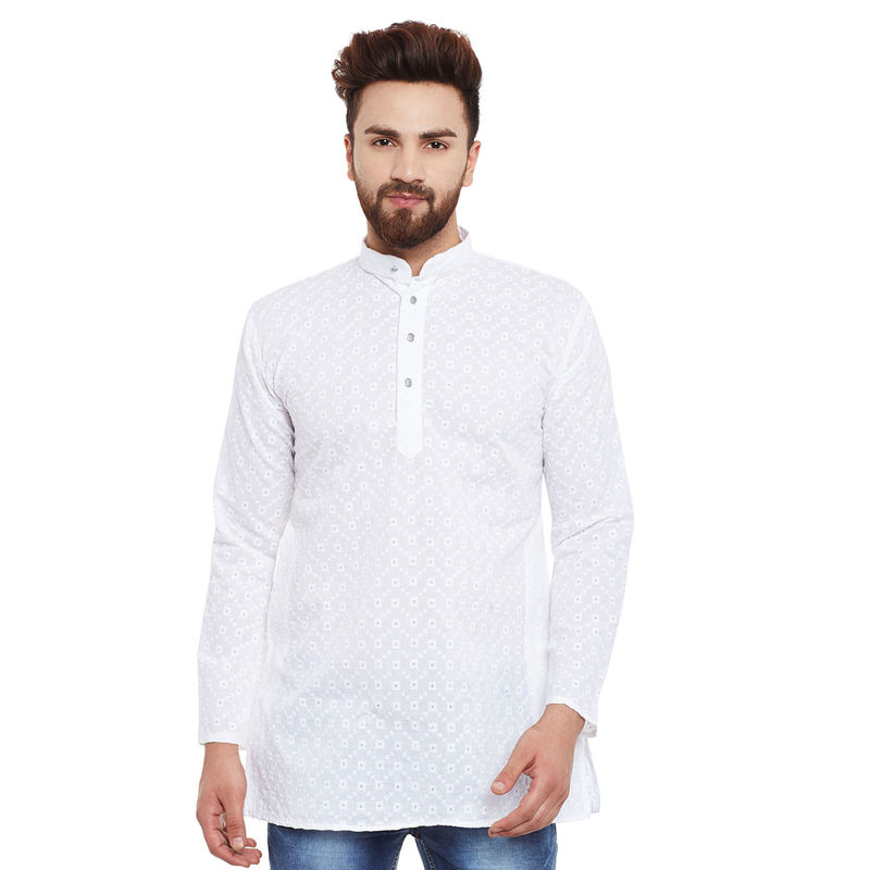 SOJANYA White Men Cotton Chikan Short Kurta (XL)