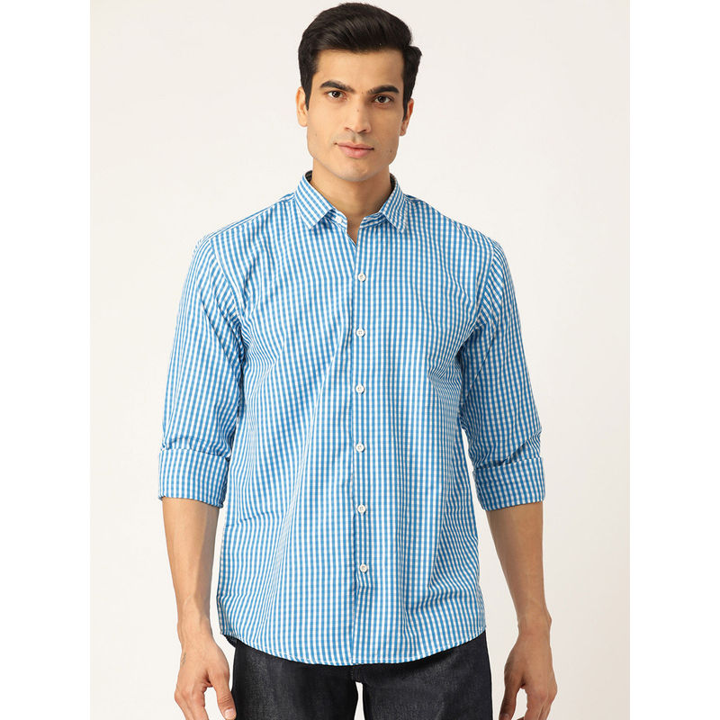 SOJANYA Men Cotton Teal Blue & White Checked Casual Shirt (36)