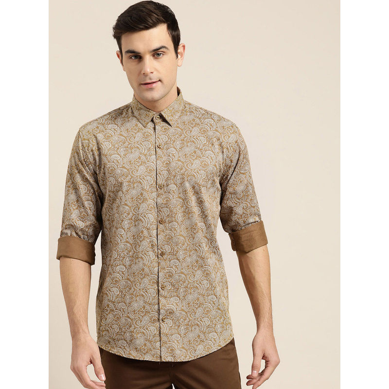 SOJANYA Mens Cotton Metallic Gold & White Printed Formal Shirt (38)