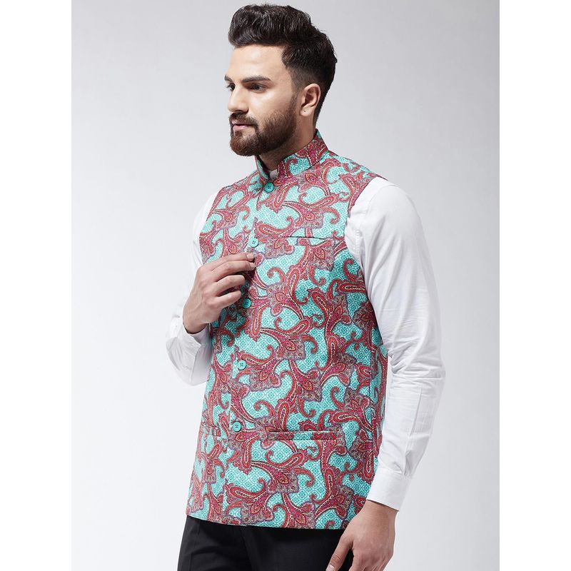 SOJANYA Men Cotton Blend Sea Green & Multi Printed Waist Coat (44)