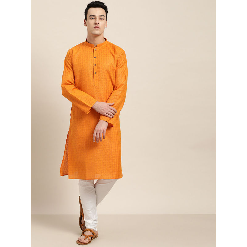 SOJANYA Cotton Blend Orange Checked Only Long Kurta (S)