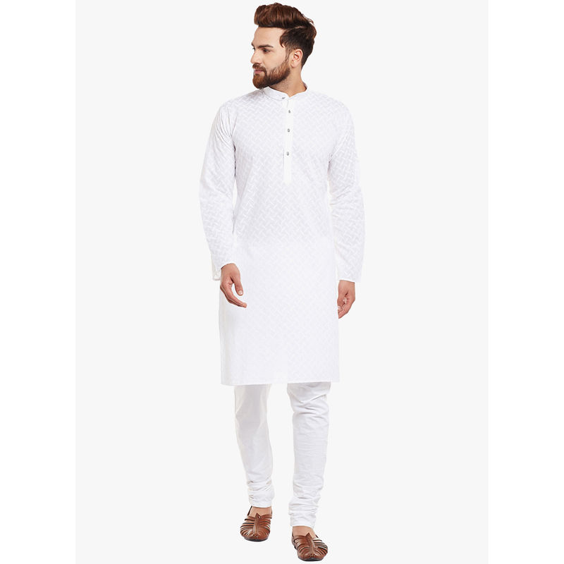 SOJANYA White Cotton Chikan Kurta (M)