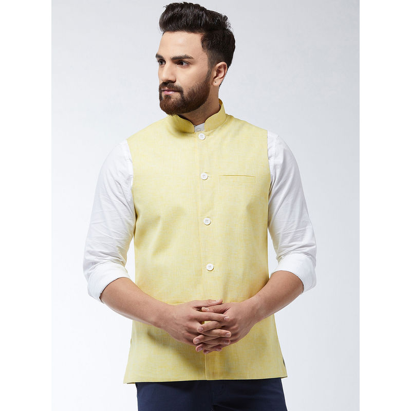 SOJANYA Cotton Linen Blend Lemon Yellow Nehru Jacket (M)
