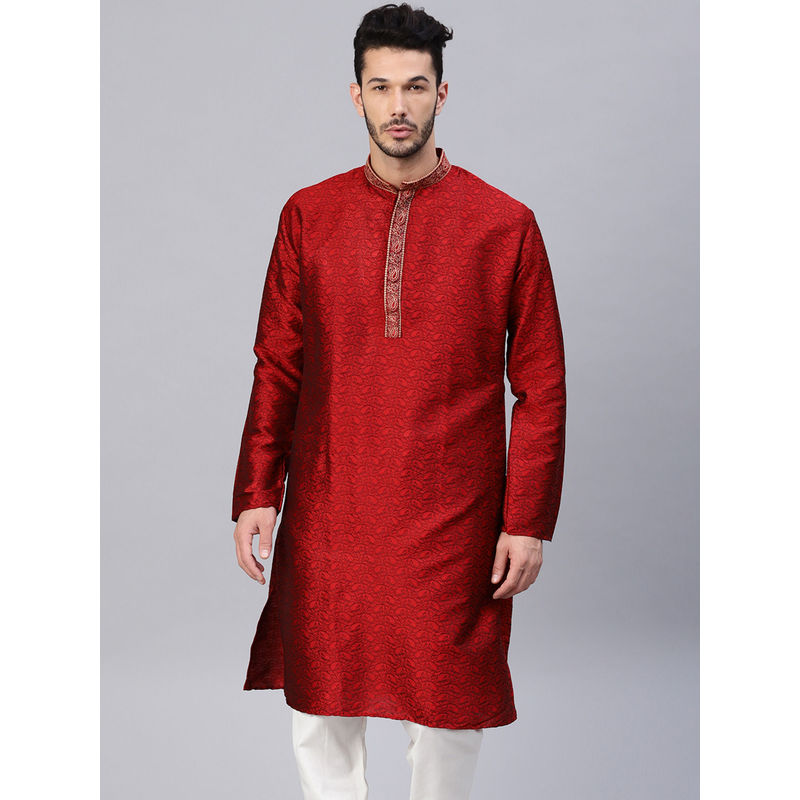 SOJANYA Silk Blend Maroon Self Design Only Long Kurta (M)