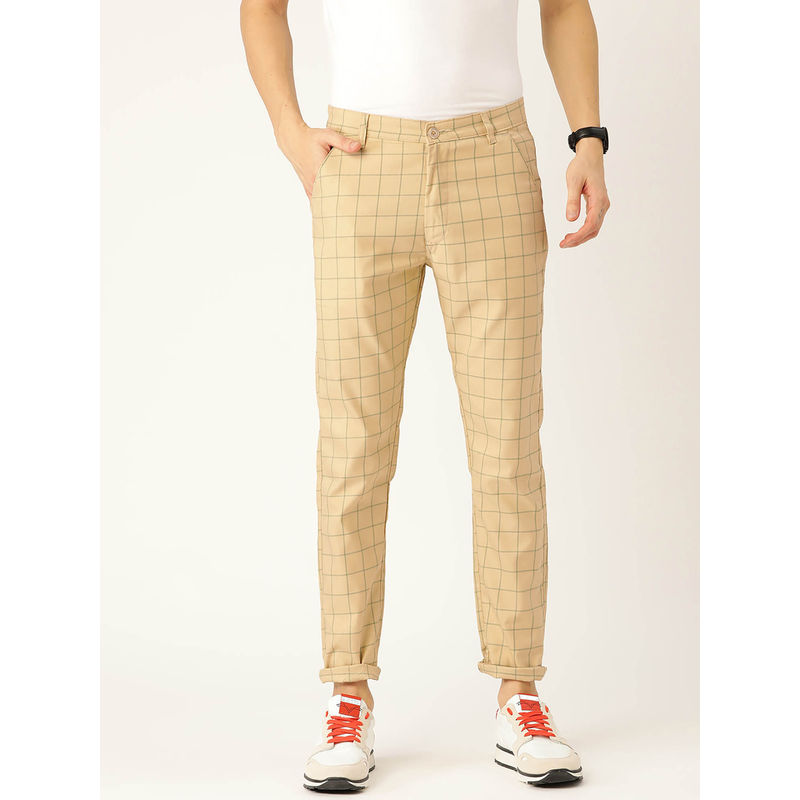 SOJANYA Men Cotton Blend Beige & Green Checked Casual Trousers (32)