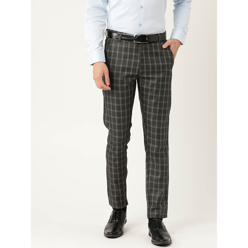 SOJANYA Men Cotton Blend Charcoal Grey & Checked Formal Trousers (30)